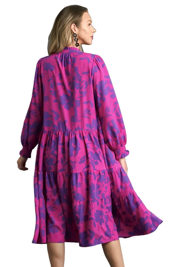 Floral Print Midi Dress, Magenta