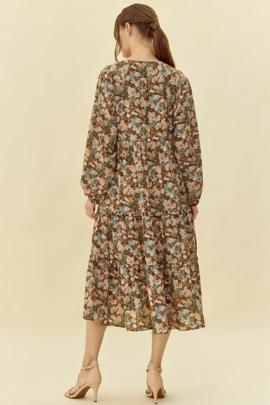Flower Print Tiered Midi Dress