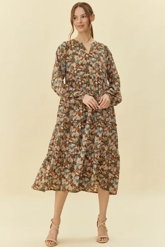 Flower Print Tiered Midi Dress
