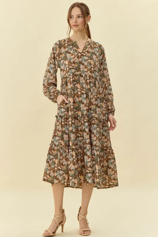 Flower Print Tiered Midi Dress
