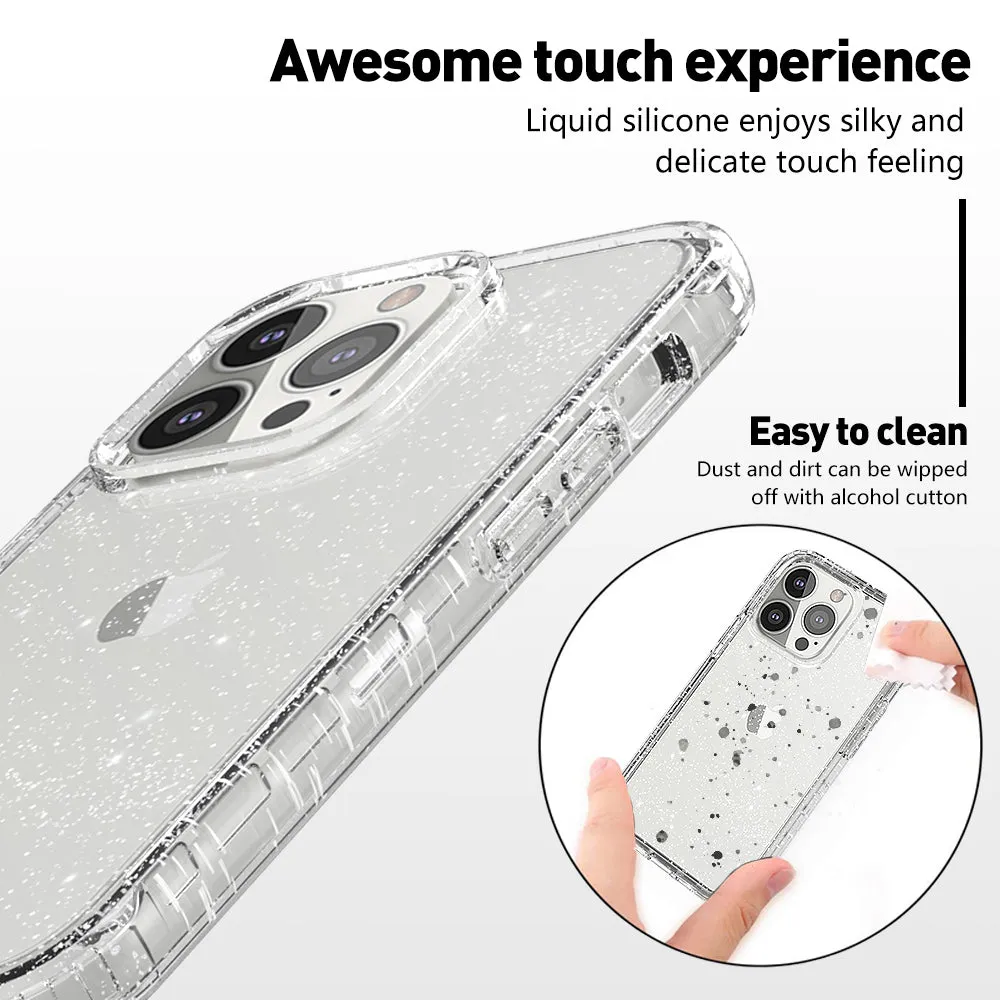 For Apple iPhone 12 Case with Built-in Screen Protector,Rugged PC Front Cover   Soft TPU Non-Slip Cover, Shockproof Full-Body Protective Case Cover - Glitter Clear Silver