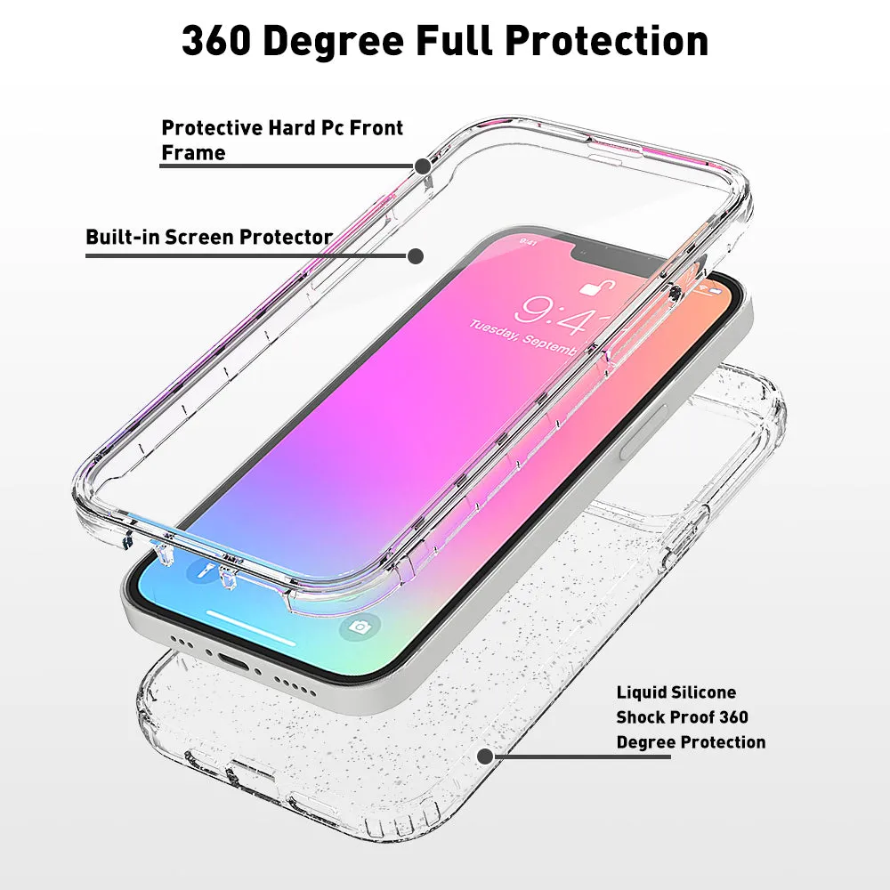For Apple iPhone 12 Case with Built-in Screen Protector,Rugged PC Front Cover   Soft TPU Non-Slip Cover, Shockproof Full-Body Protective Case Cover - Glitter Clear Silver