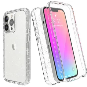For Apple iPhone 12 Case with Built-in Screen Protector,Rugged PC Front Cover   Soft TPU Non-Slip Cover, Shockproof Full-Body Protective Case Cover - Glitter Clear Silver