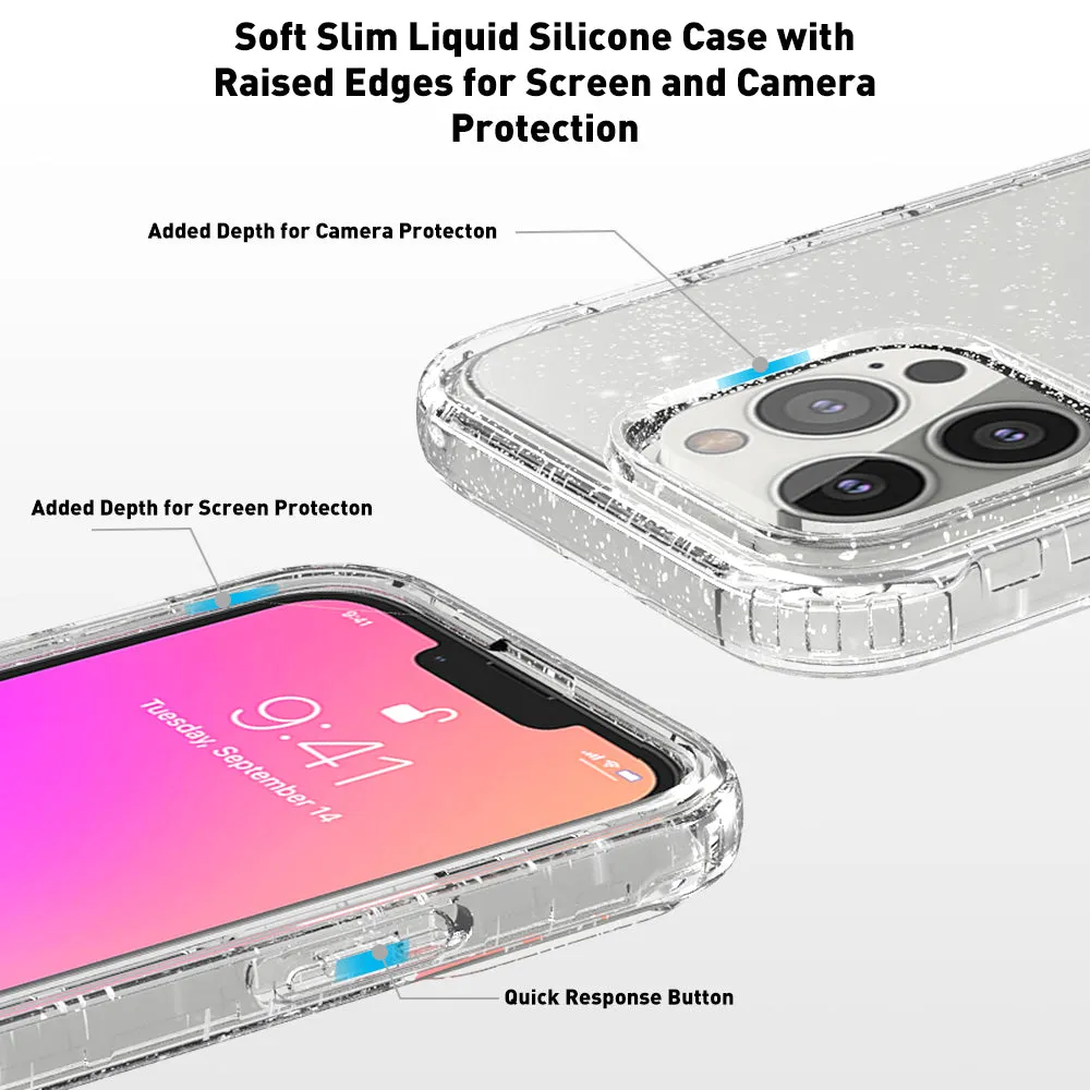 For Apple iPhone 12 Case with Built-in Screen Protector,Rugged PC Front Cover   Soft TPU Non-Slip Cover, Shockproof Full-Body Protective Case Cover - Glitter Clear Silver