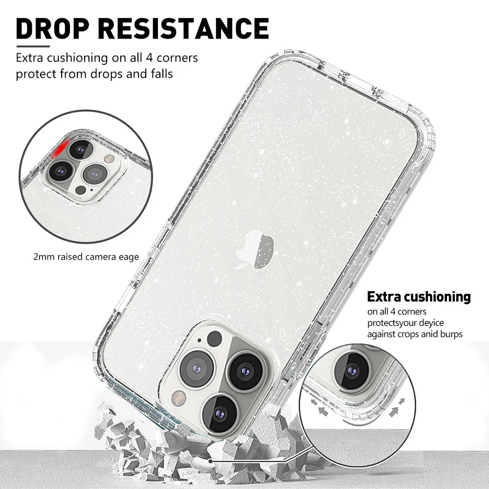 For Apple iPhone 12 Case with Built-in Screen Protector,Rugged PC Front Cover   Soft TPU Non-Slip Cover, Shockproof Full-Body Protective Case Cover - Glitter Clear Silver