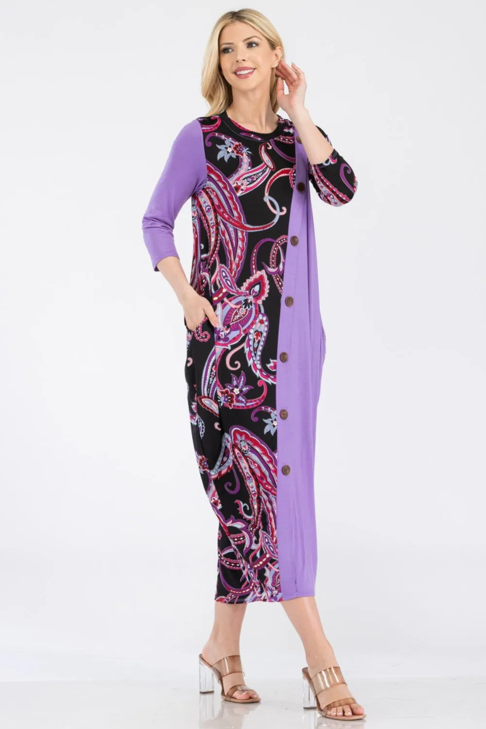 Full Size Paisley Contrast Midi Dress with Pockets