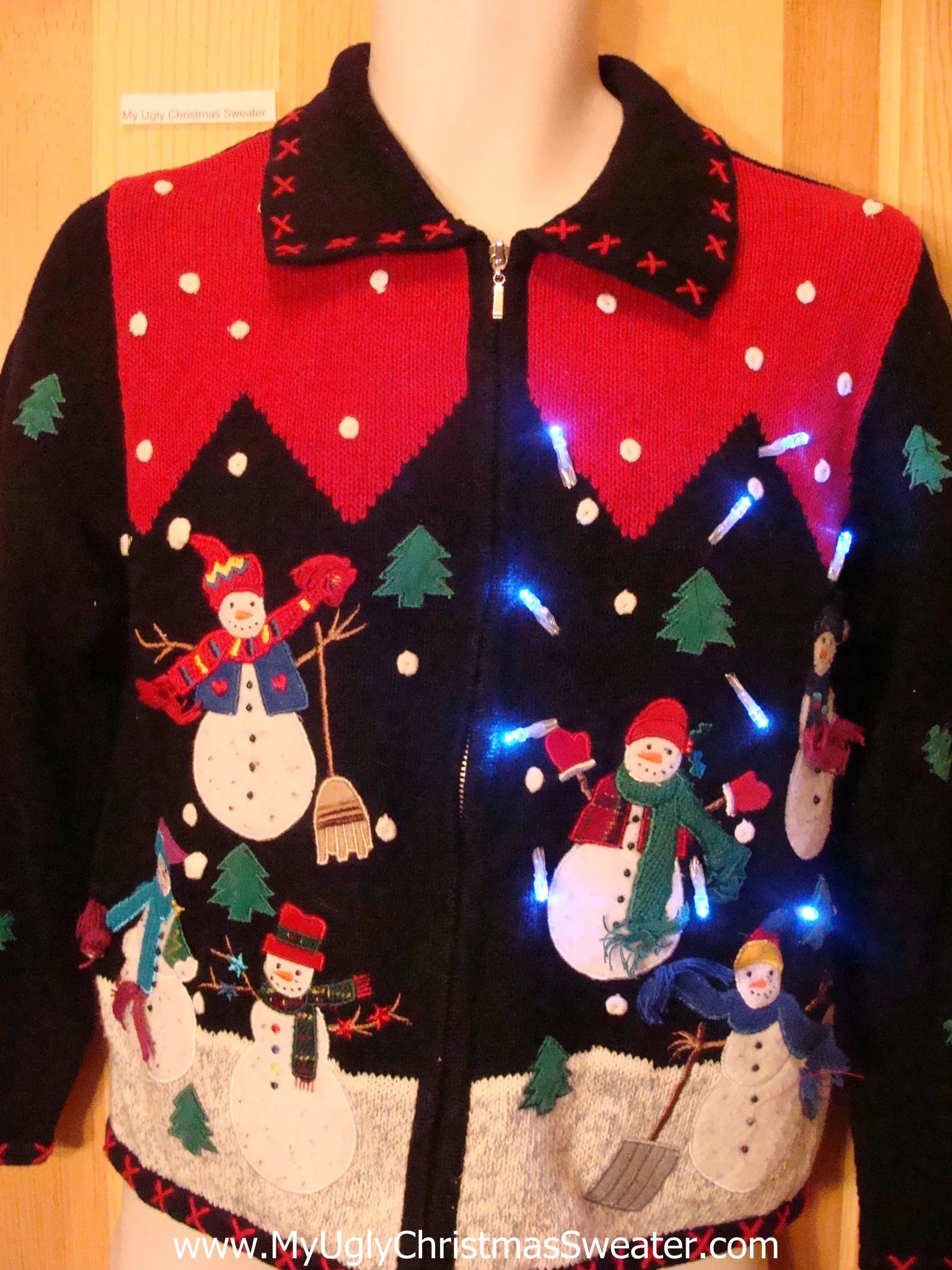 Funny Christmas Sweater with Lights Snowmen Friends