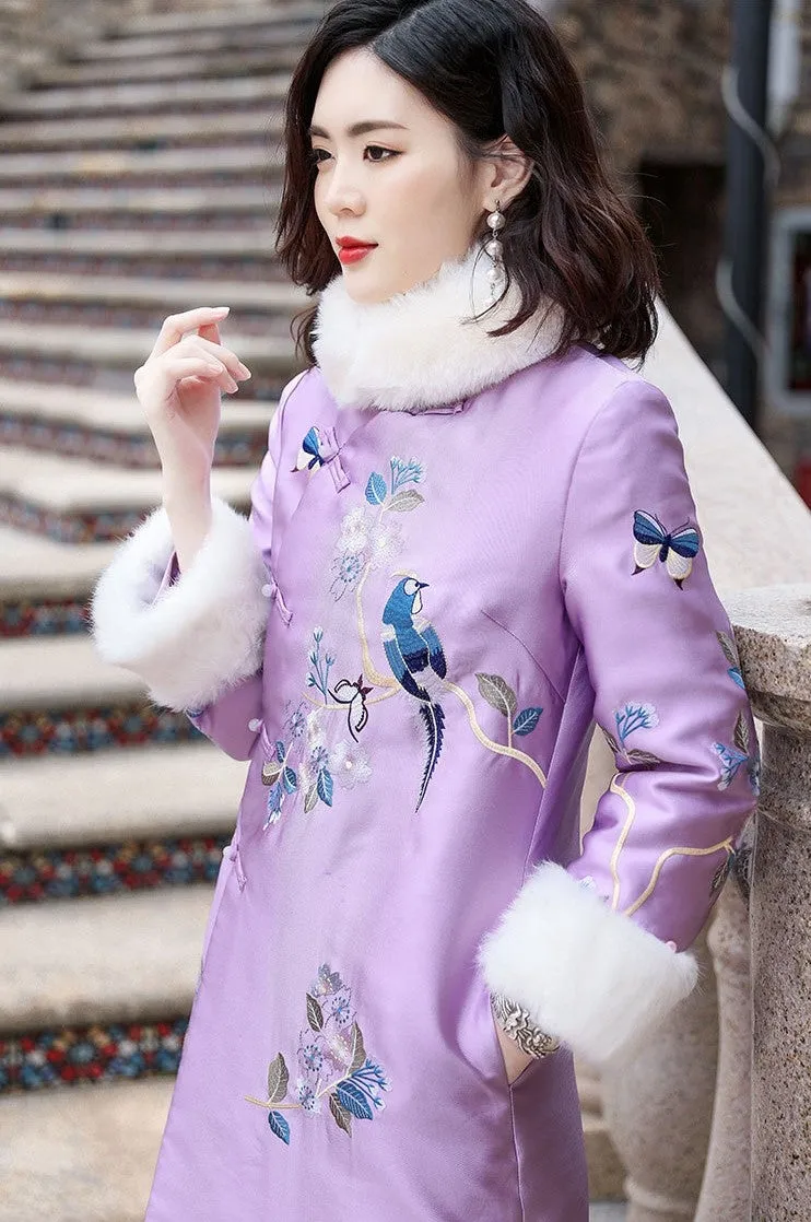 Fur Collar & Cuff Floral Embroidery Chinese Style Long Women's Wadded Wind Coat