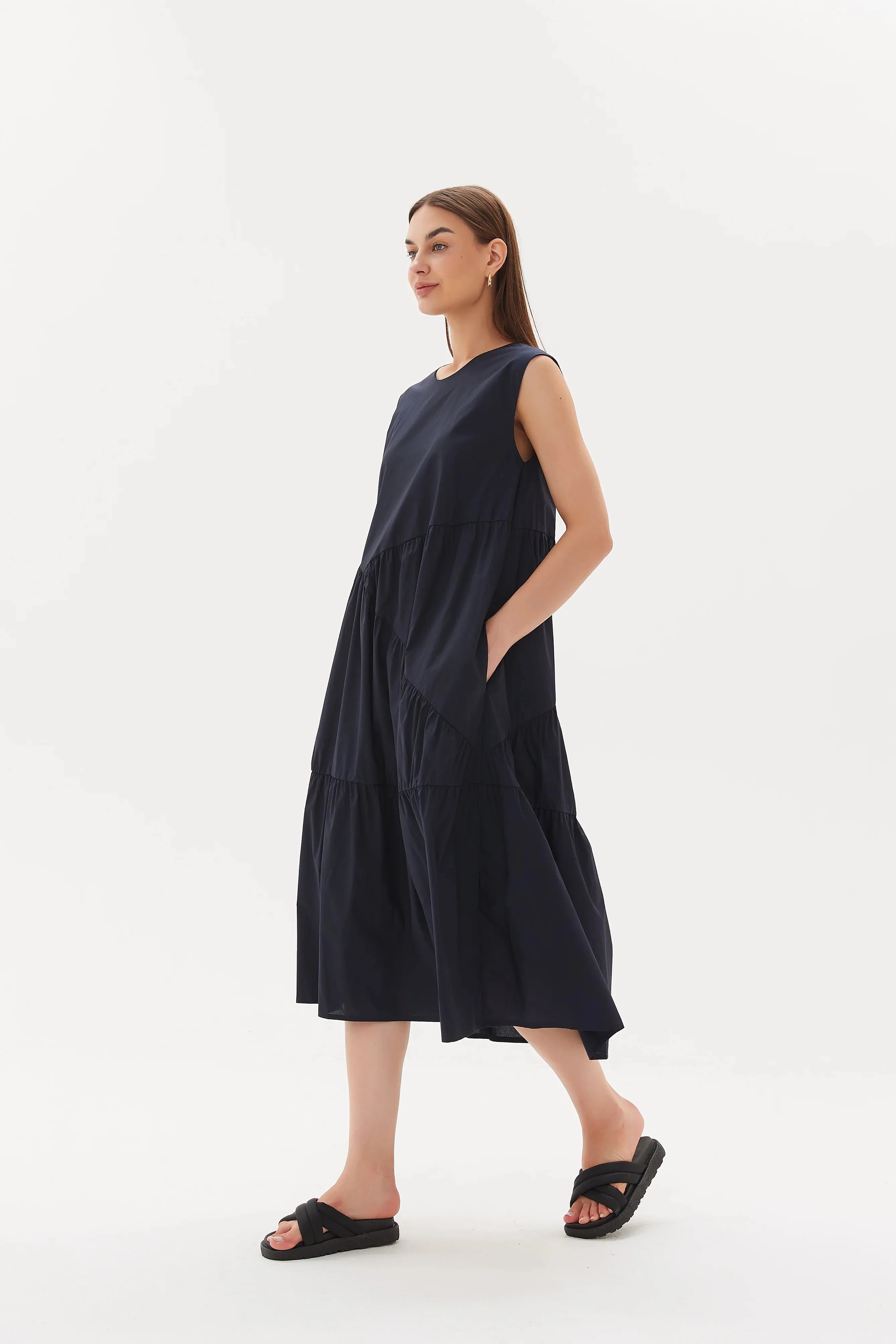 Gathered Angle Tier Dress | Navy
