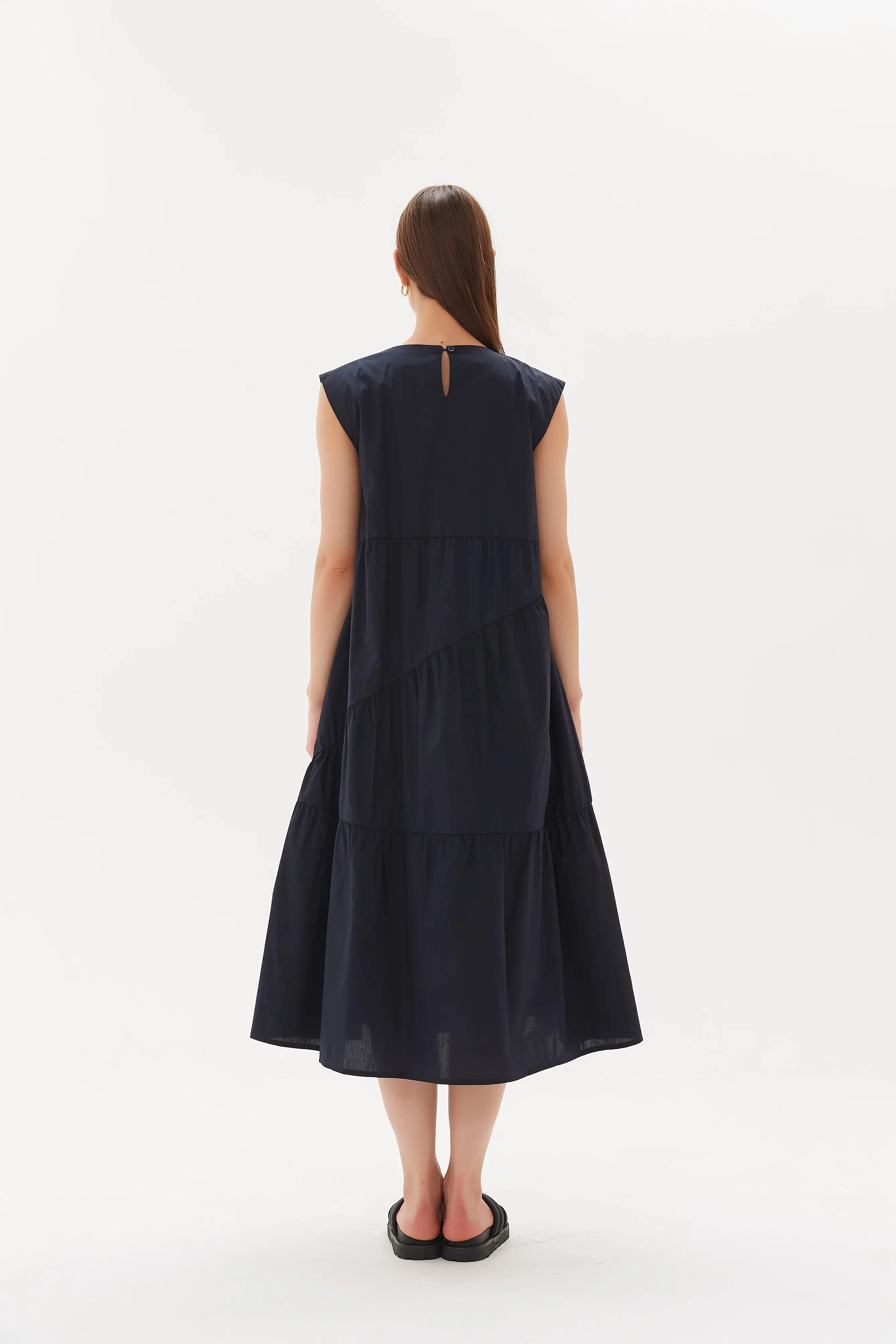Gathered Angle Tier Dress | Navy