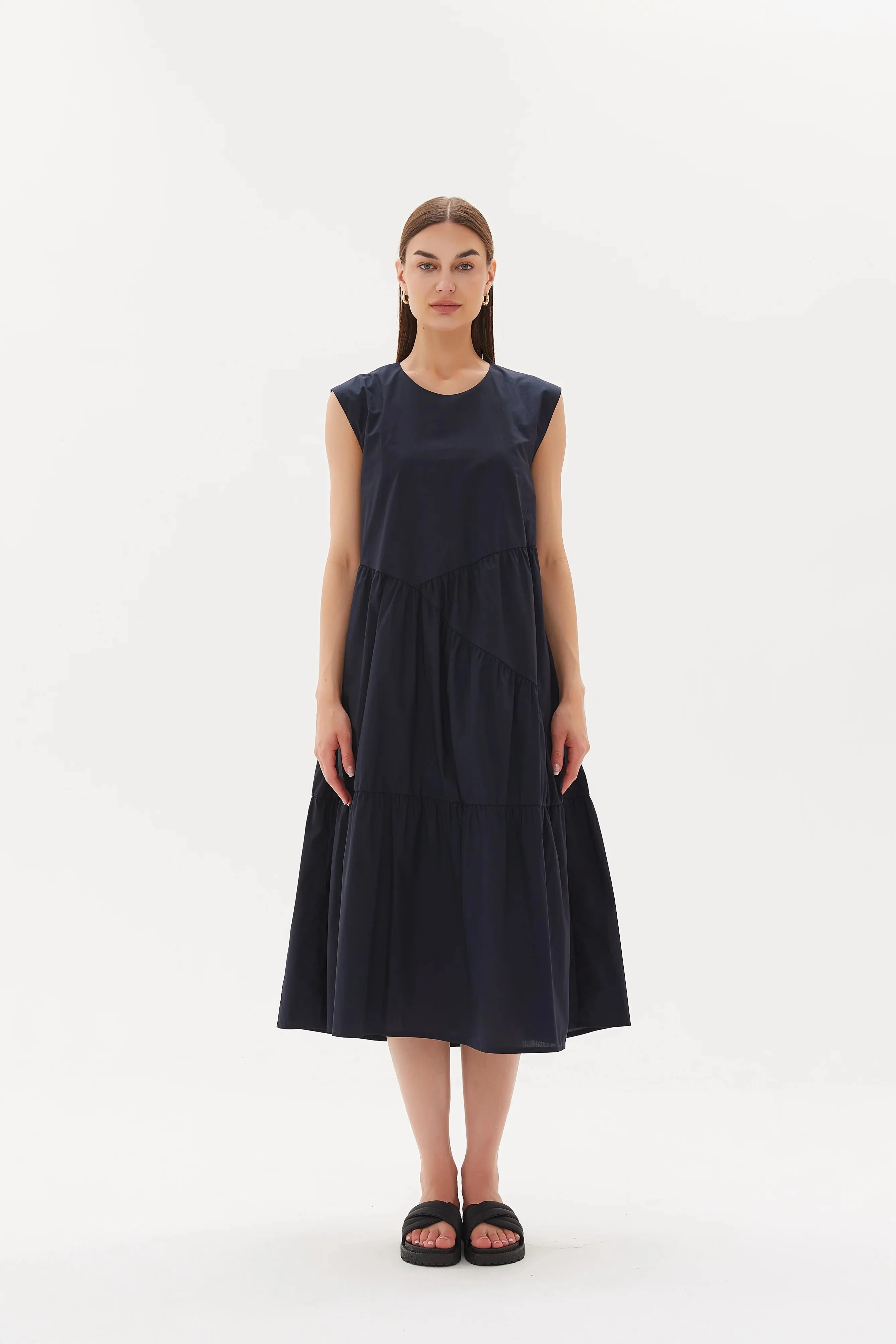 Gathered Angle Tier Dress | Navy