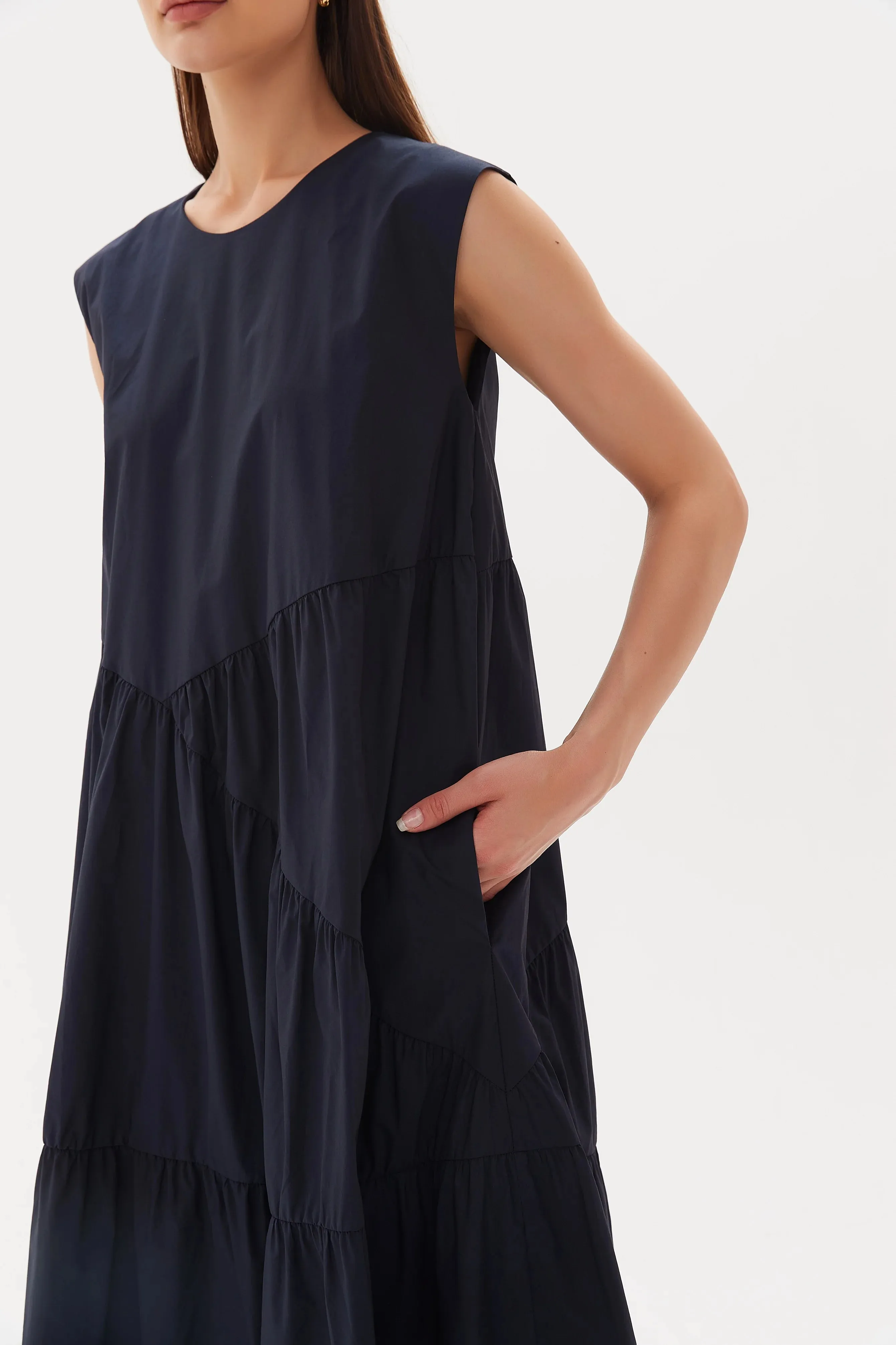 Gathered Angle Tier Dress | Navy