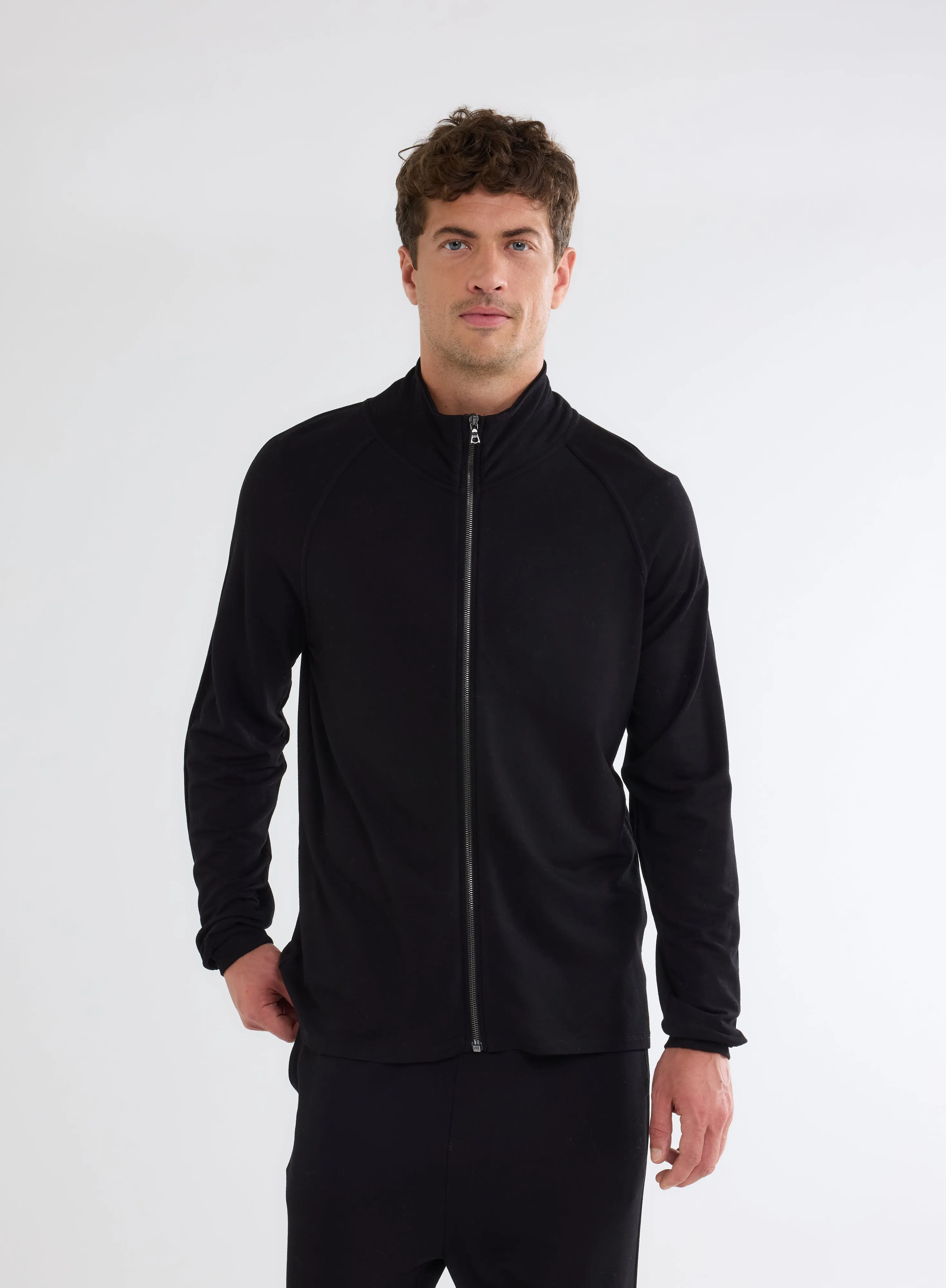 Gilet Zippé Noir Col Montant Manches Longues en Viscose et Élasthanne