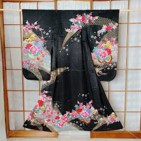 Girl's Kimono, Black Floral, Polyester, Genuiune Japanese Kimono, International days, Cultural fairs, Theatrical Costume, Display piece
