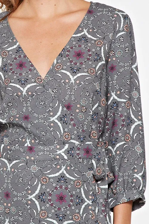 Grey Floral Maxi Wrap Dress