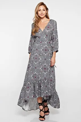 Grey Floral Maxi Wrap Dress