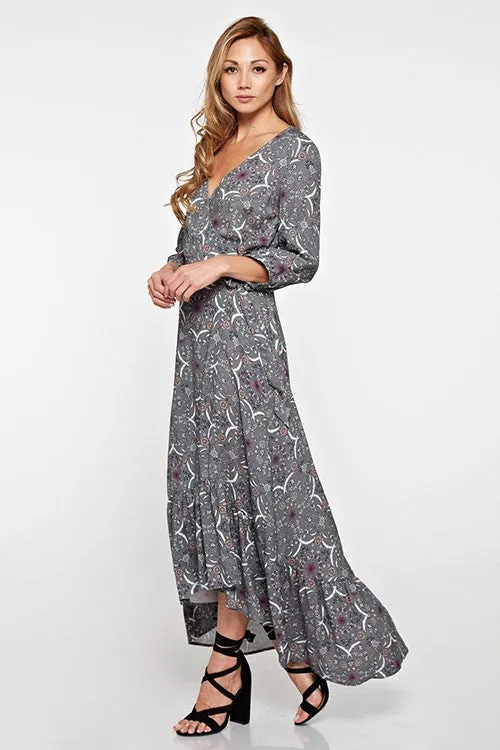 Grey Floral Maxi Wrap Dress