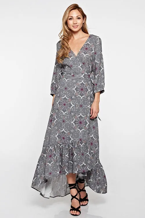 Grey Floral Maxi Wrap Dress