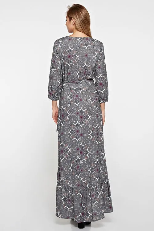 Grey Floral Maxi Wrap Dress