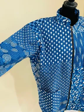 Handblock Print Fabric Quilted Jacket Short kimono Women Wear New Style Blue Flower Coat Gift For Her