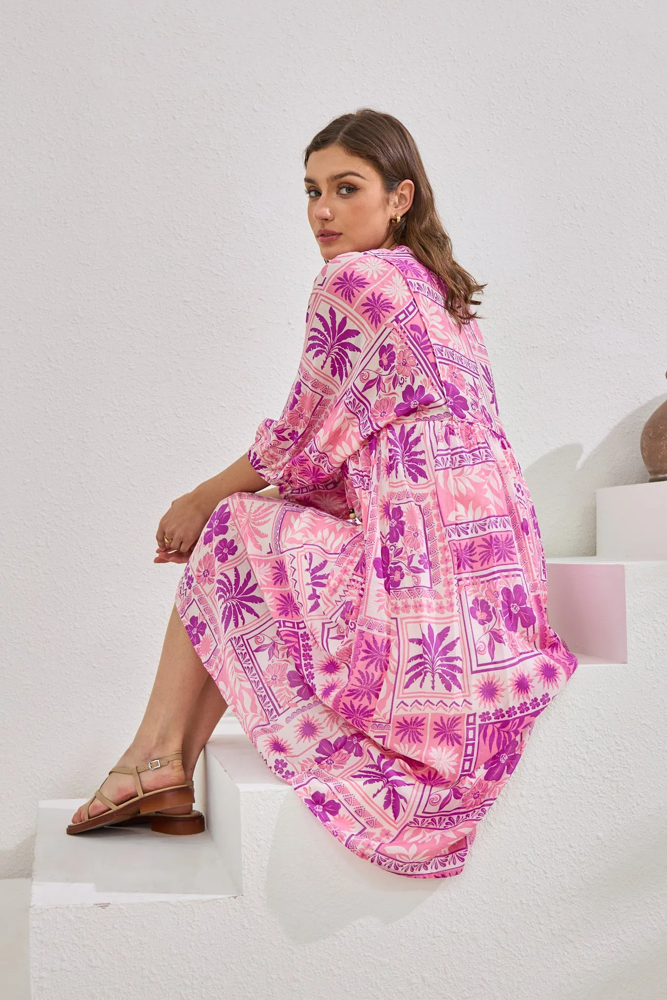 Helena Pink Abstract Shells Midi Dress