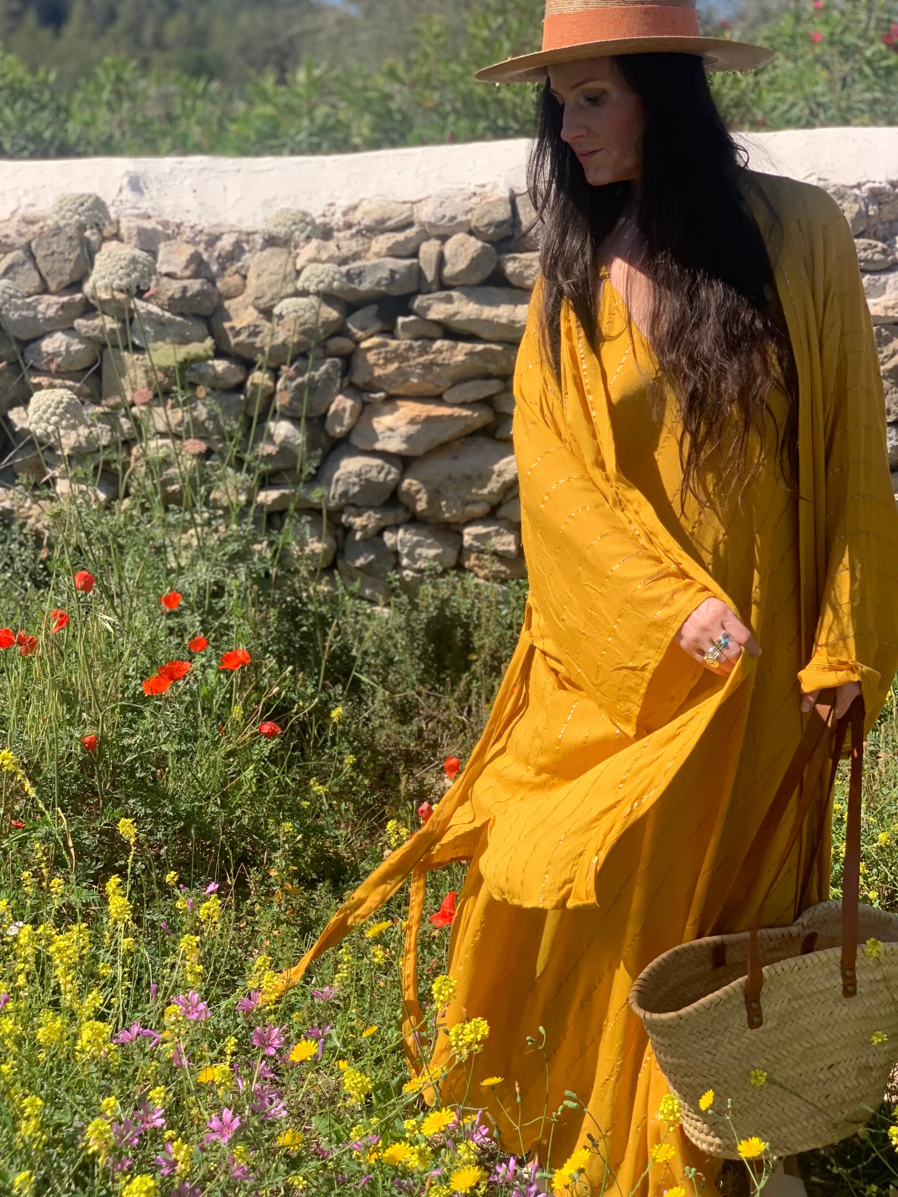 Ibiza boho short kimono 👘 in sun yellow with gold lurex
