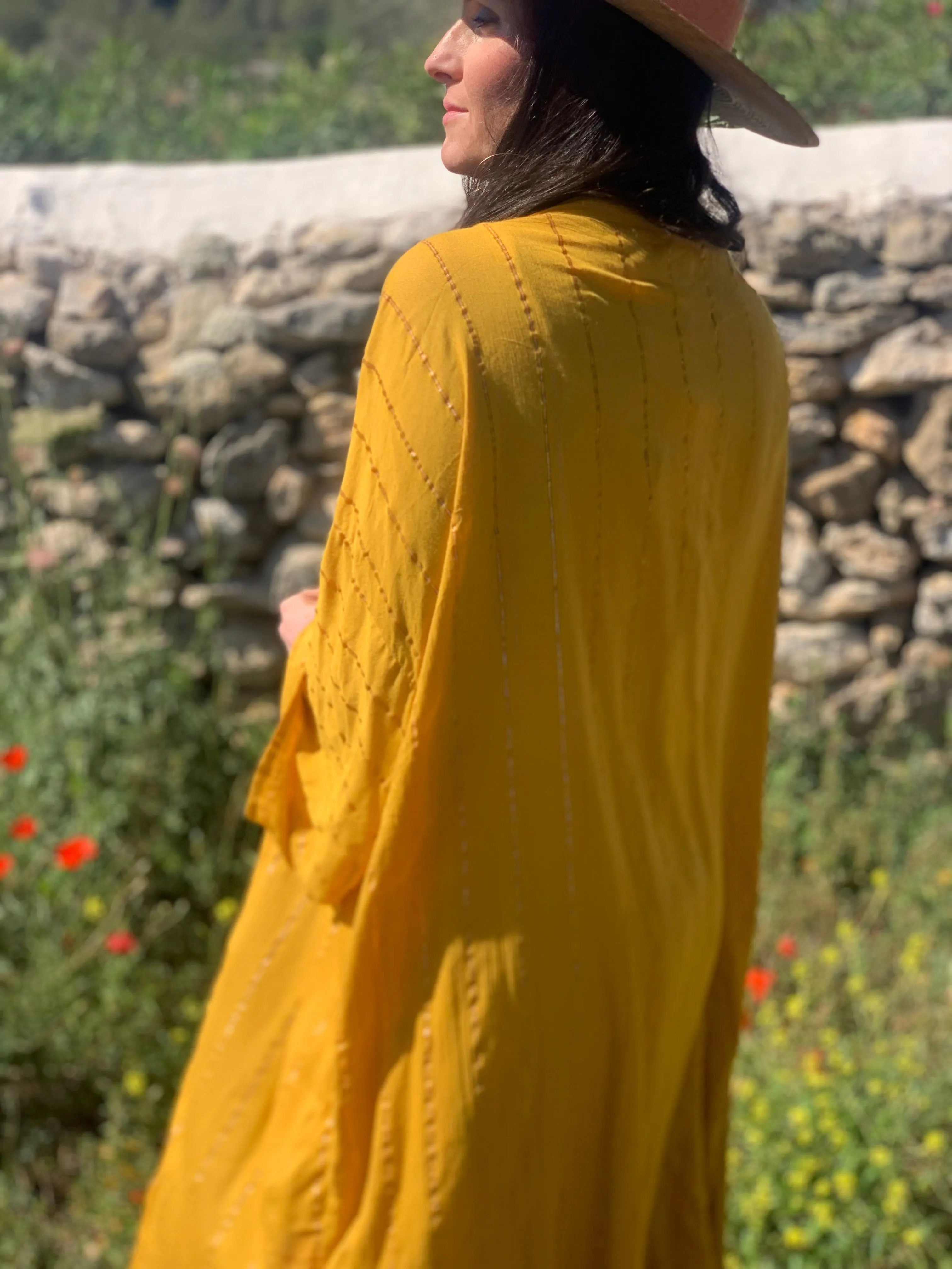 Ibiza boho short kimono 👘 in sun yellow with gold lurex