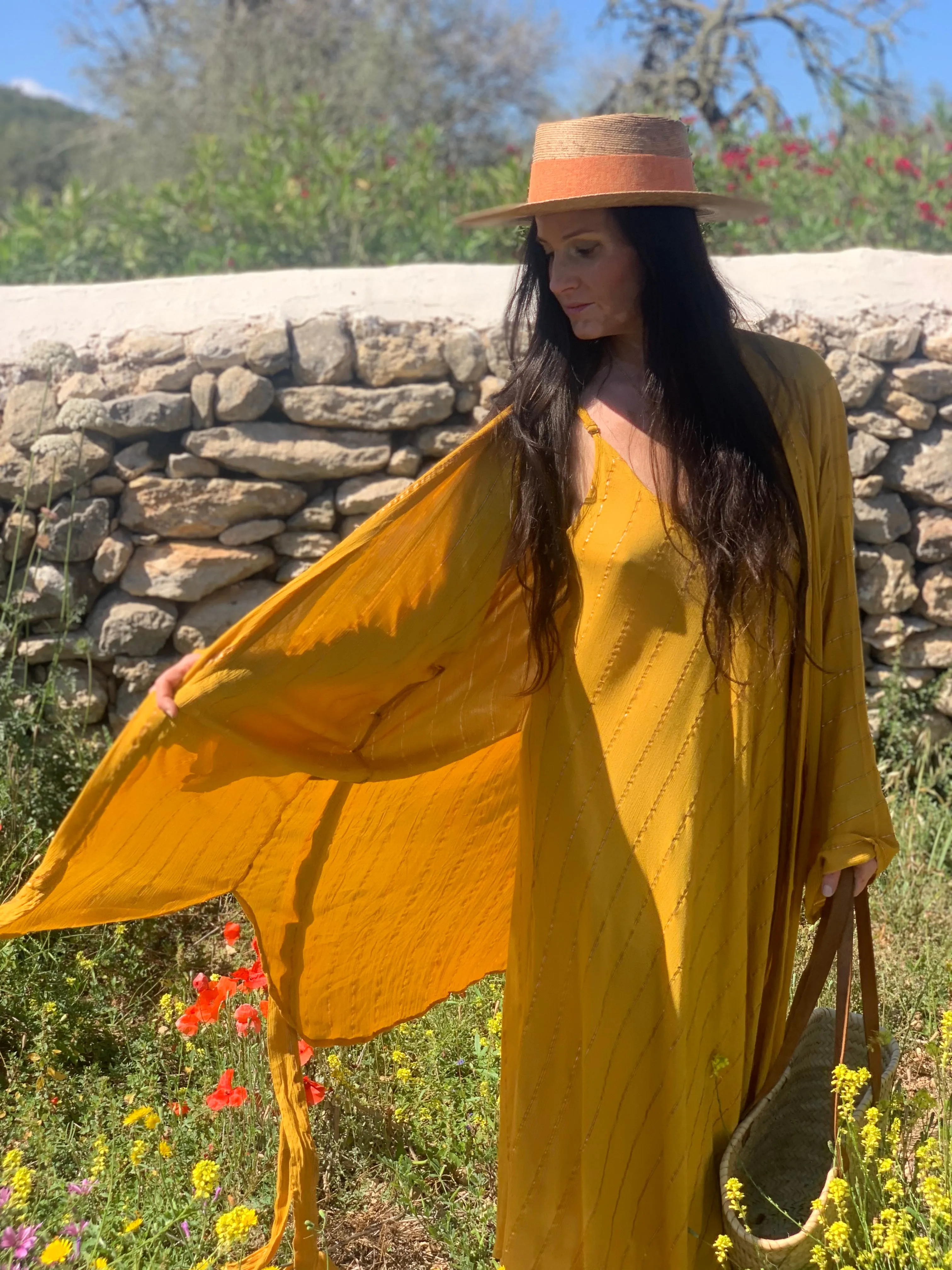 Ibiza boho short kimono 👘 in sun yellow with gold lurex