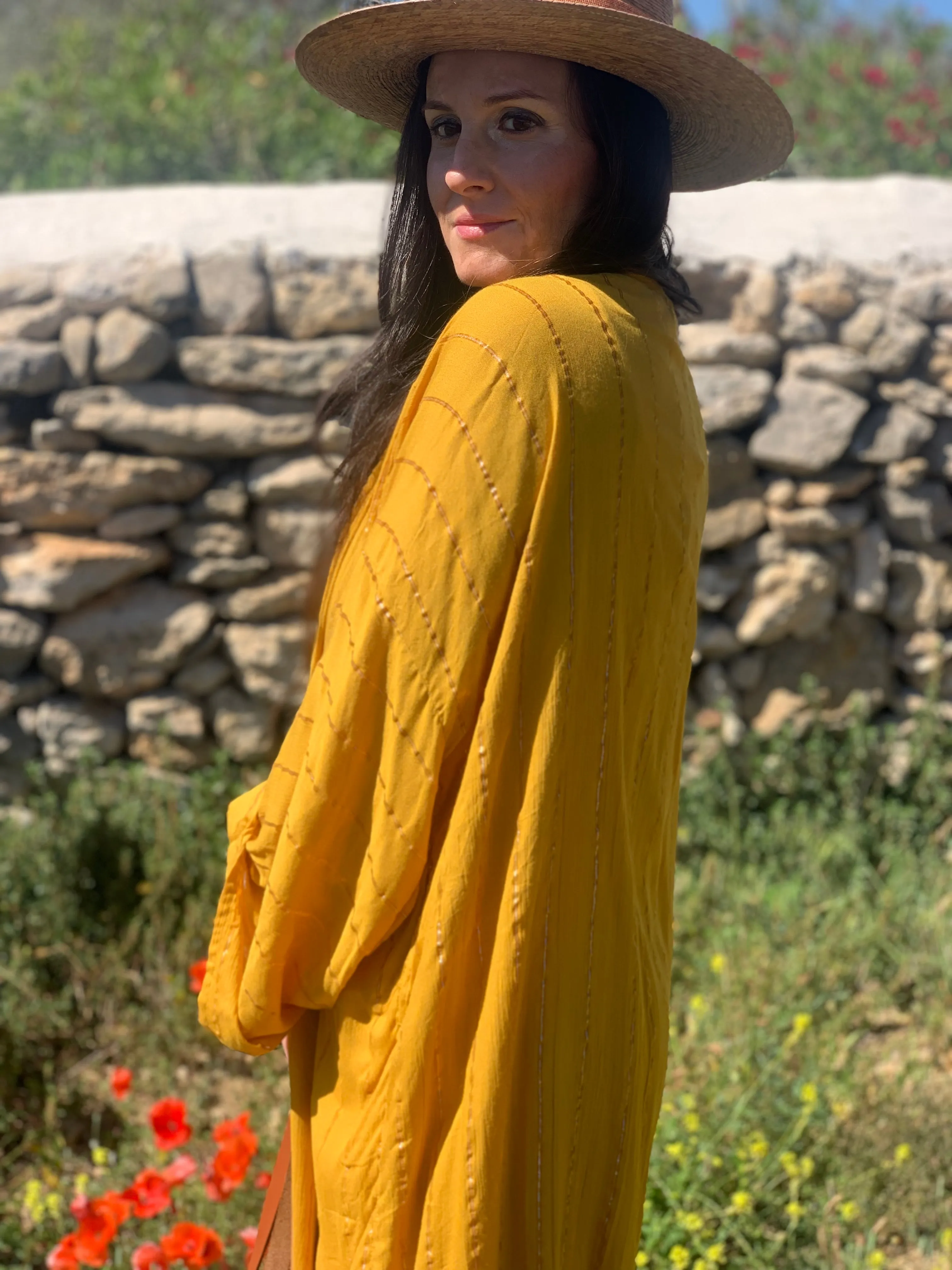 Ibiza boho short kimono 👘 in sun yellow with gold lurex