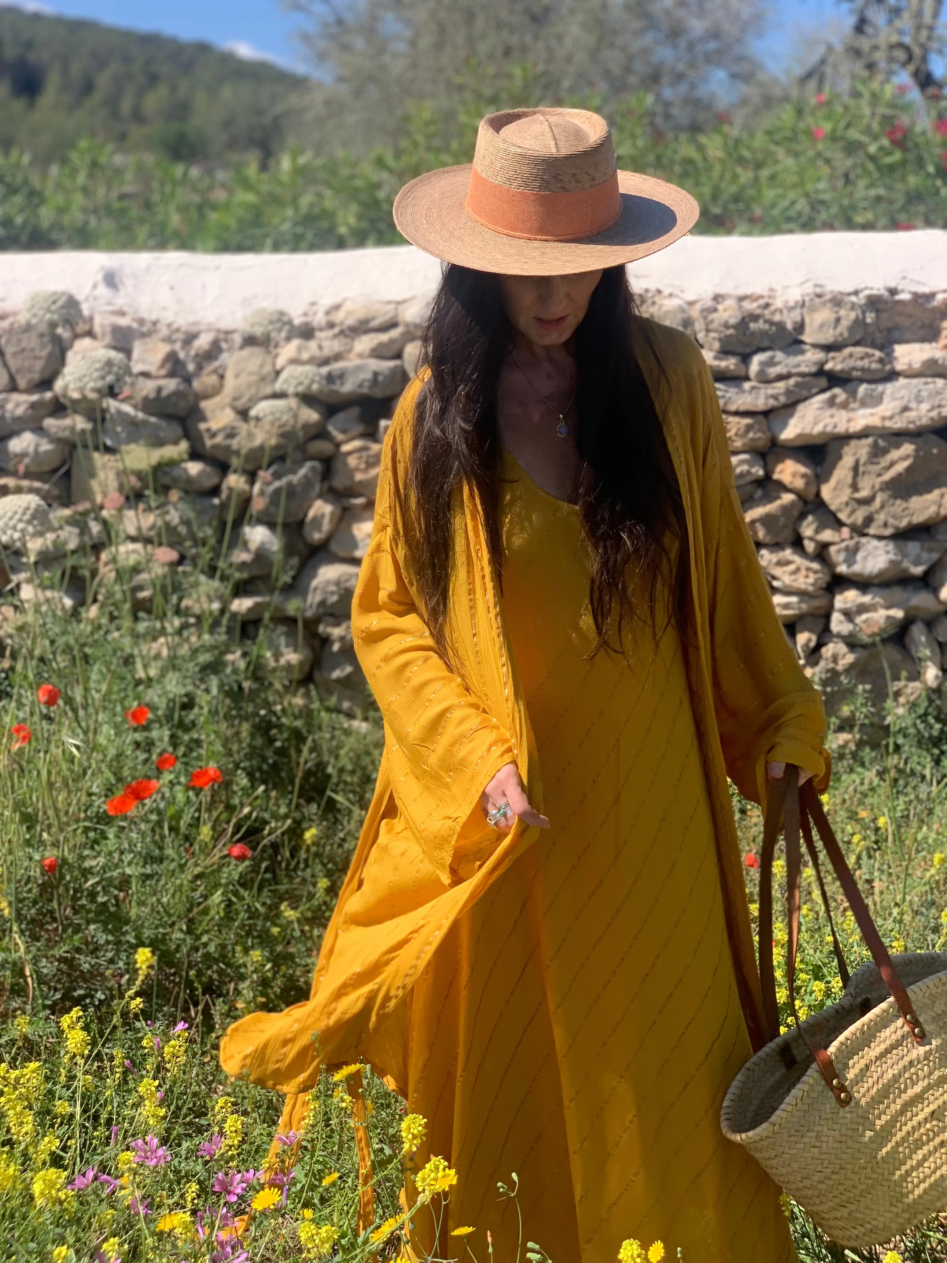 Ibiza boho short kimono 👘 in sun yellow with gold lurex