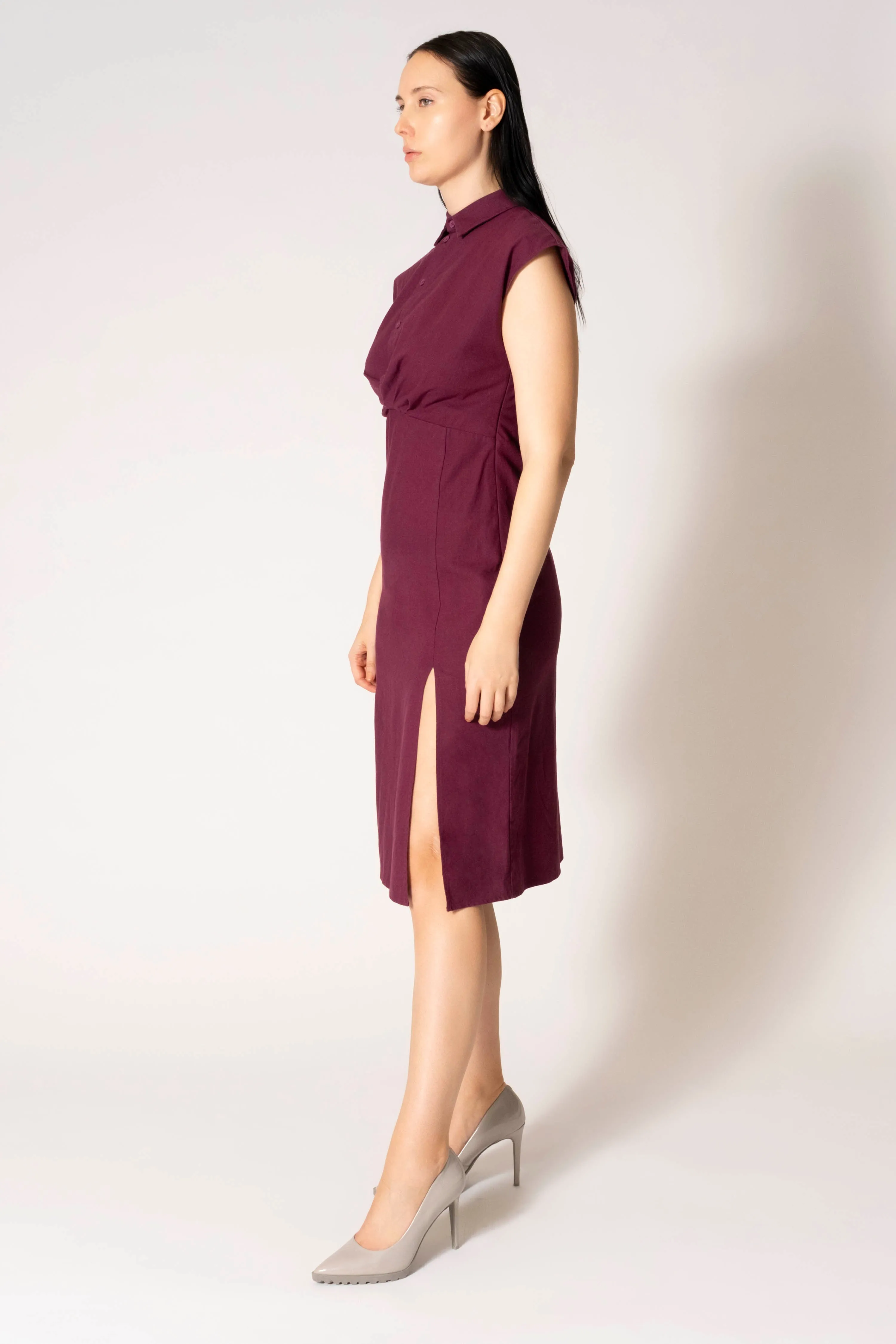 Jill Button Up Cap Sleeve Shirt Slit Midi Dress