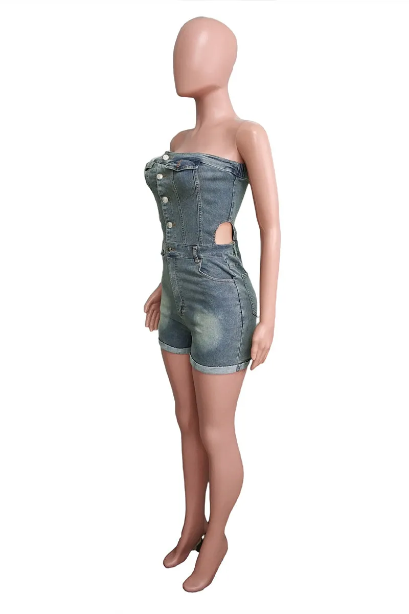 JS3452 Strapless Denim Rompers