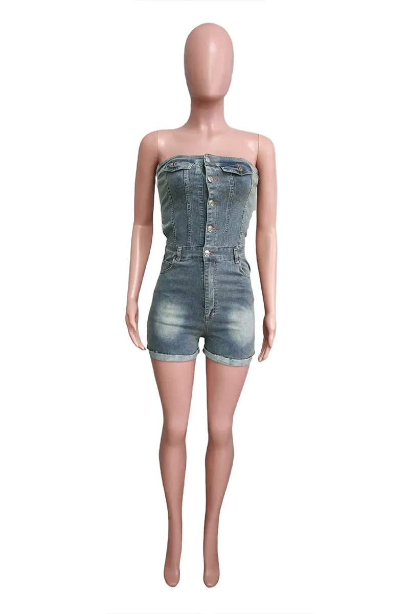 JS3452 Strapless Denim Rompers