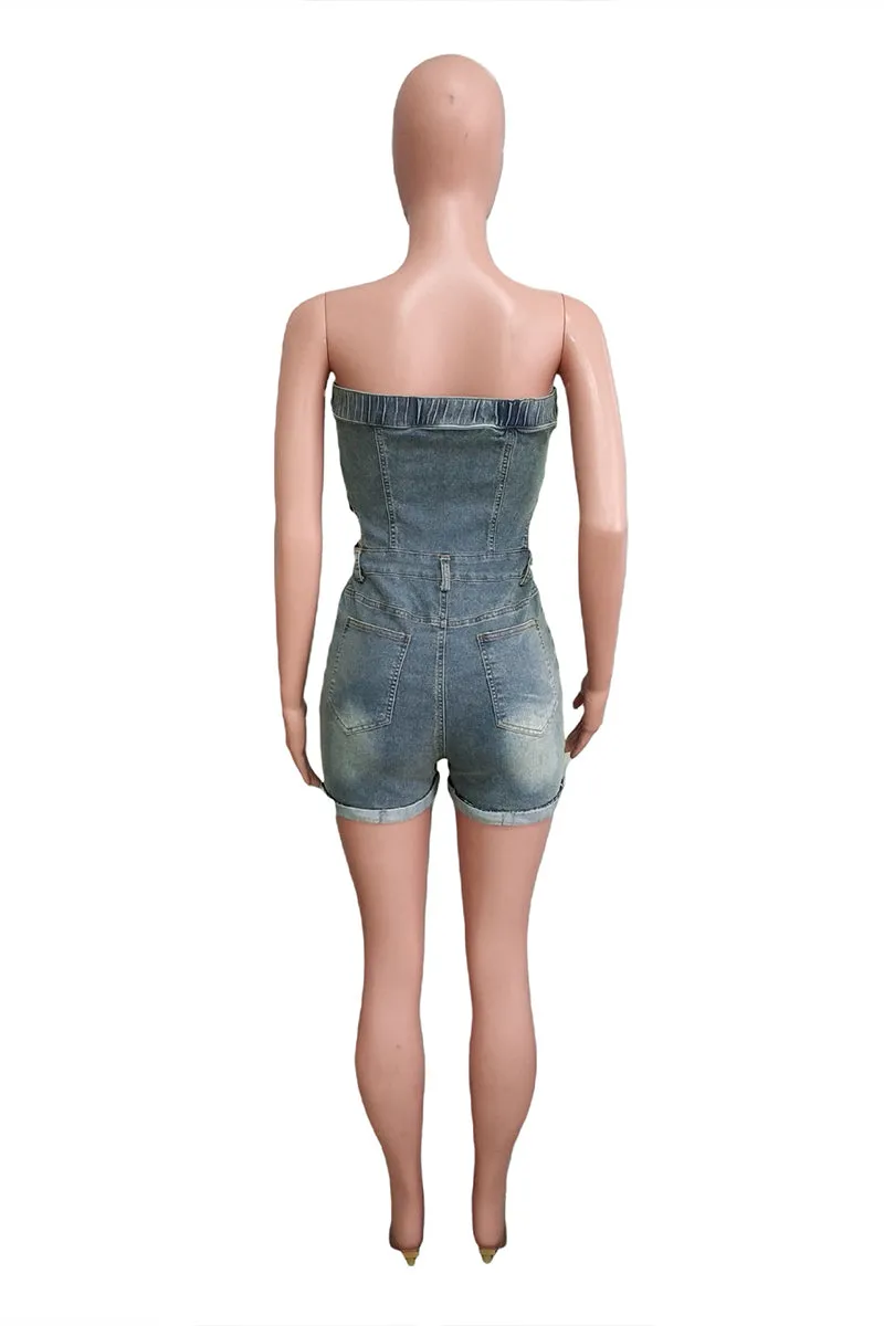 JS3452 Strapless Denim Rompers