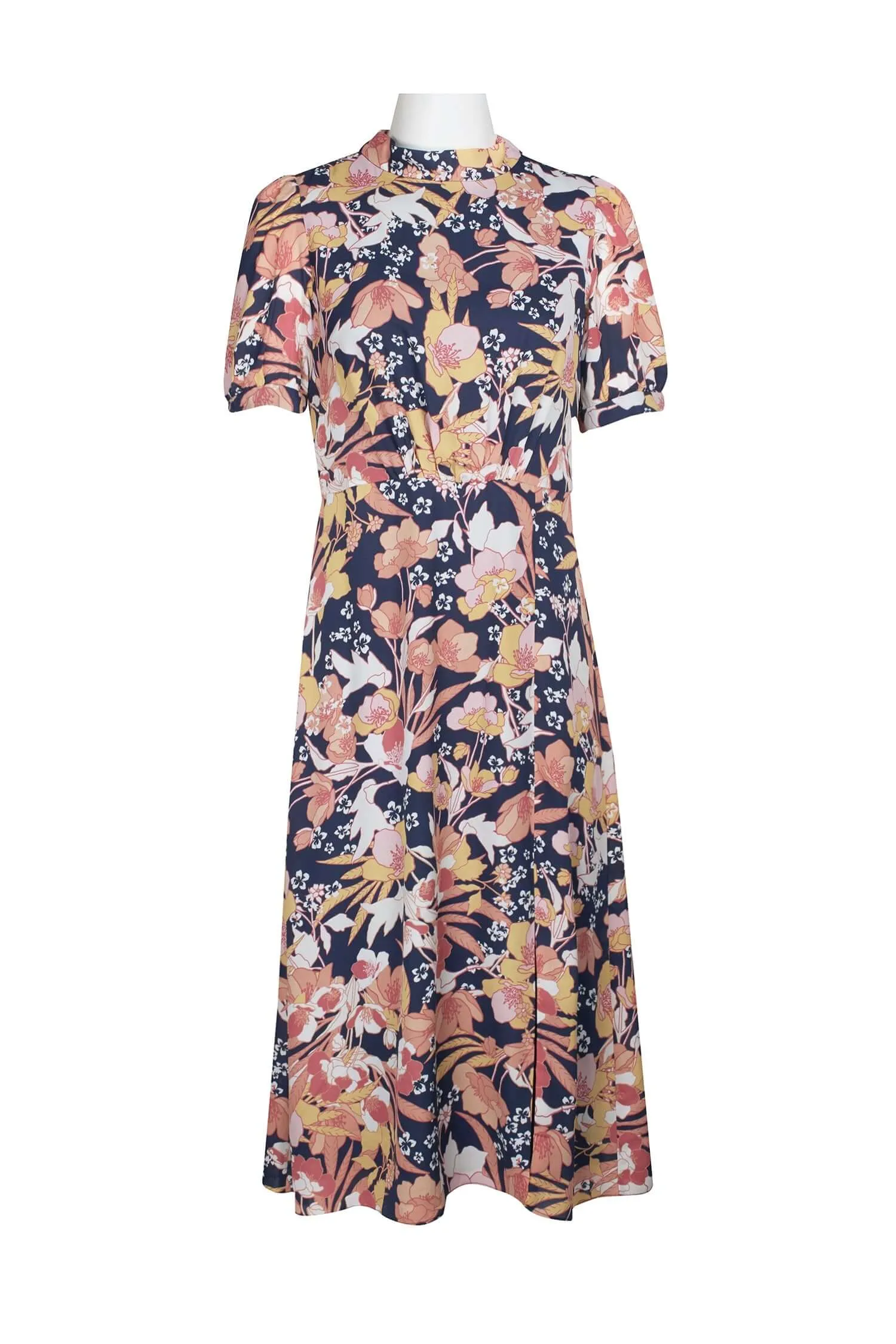 Julia Jordan High Neck Zipper Back Slit Side Floral Print Polyester Midi Dress
