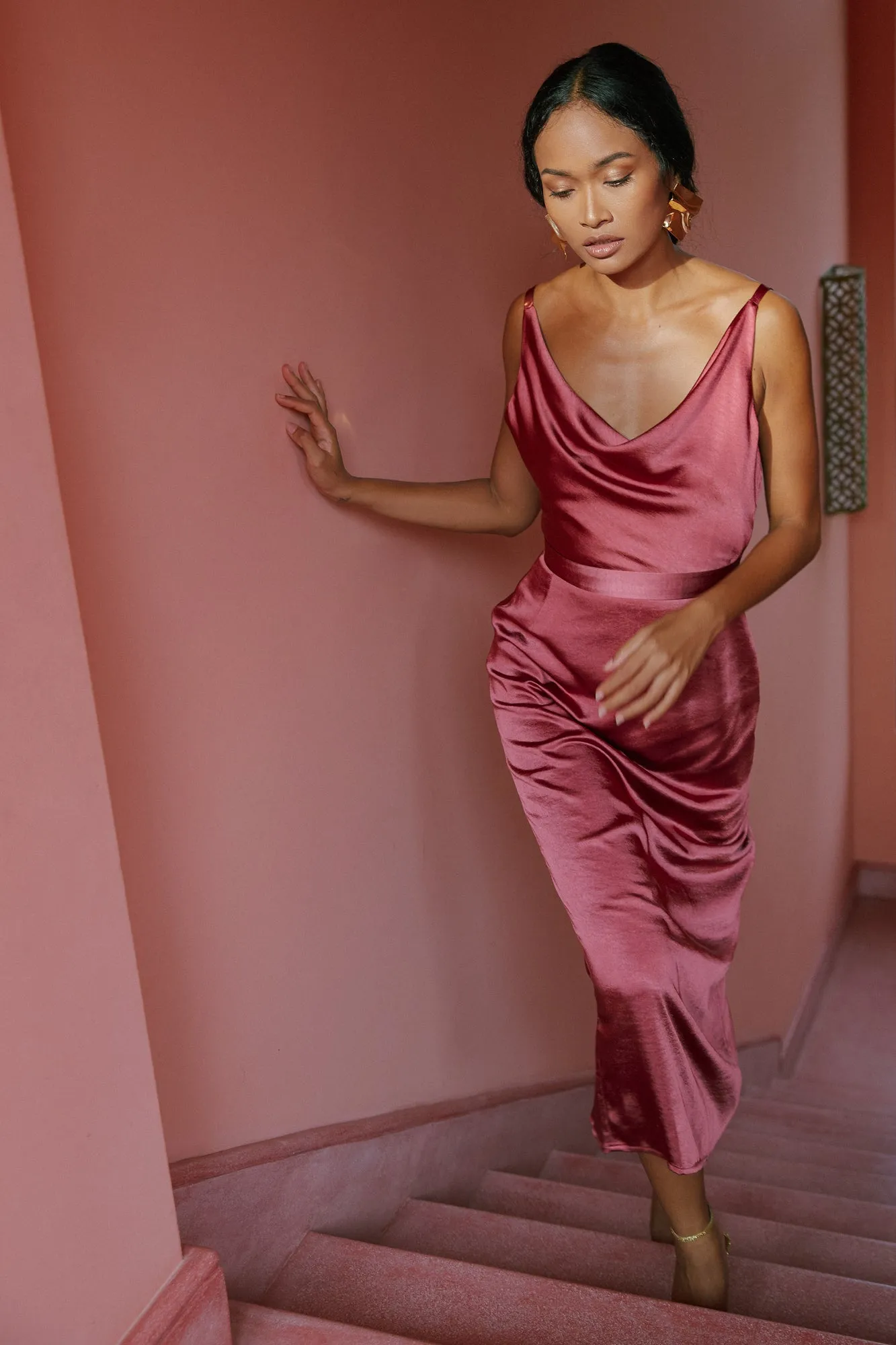 KAMEA brick red backless cocktail dress