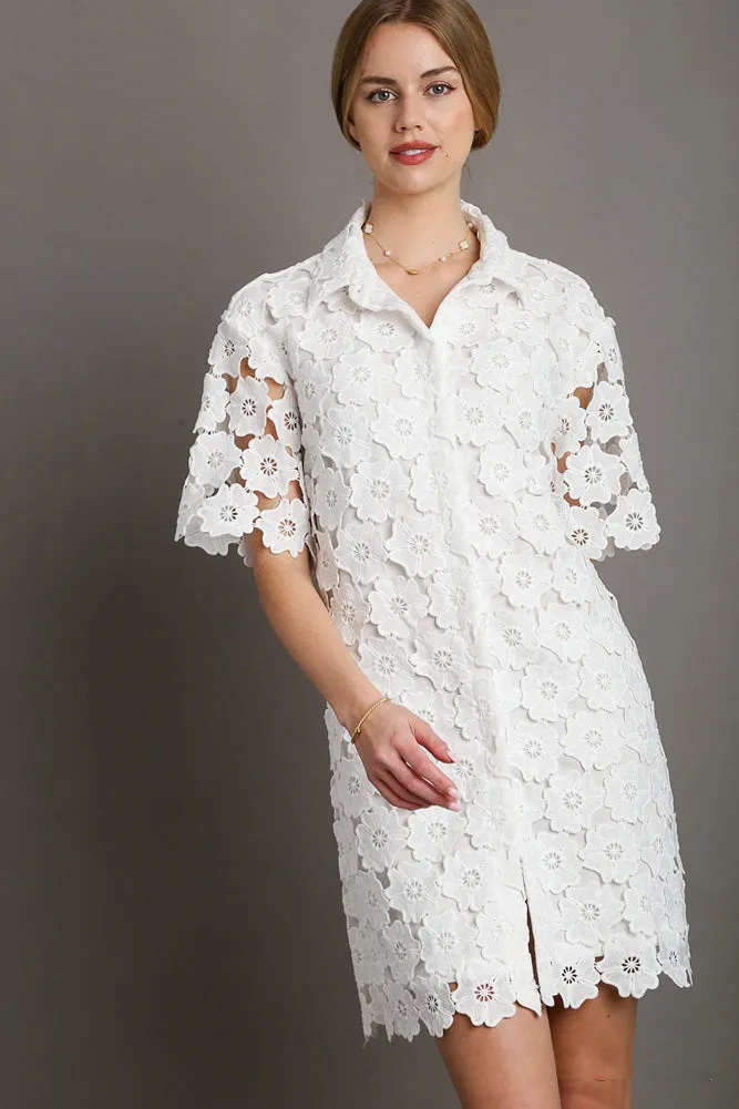 Lace Split Neck Cinch Waist Dress in Off White by Umgee
