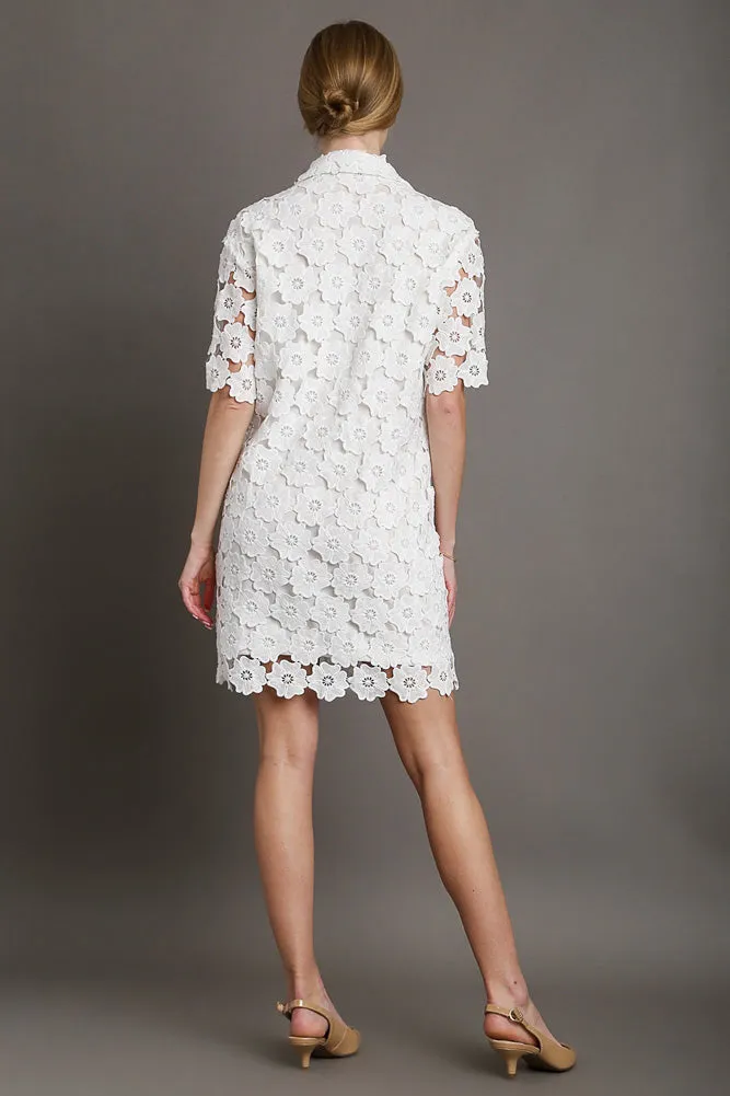 Lace Split Neck Cinch Waist Dress in Off White by Umgee