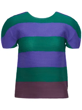 Layer Stripe Pleats Round Neck Short Sleeve Top