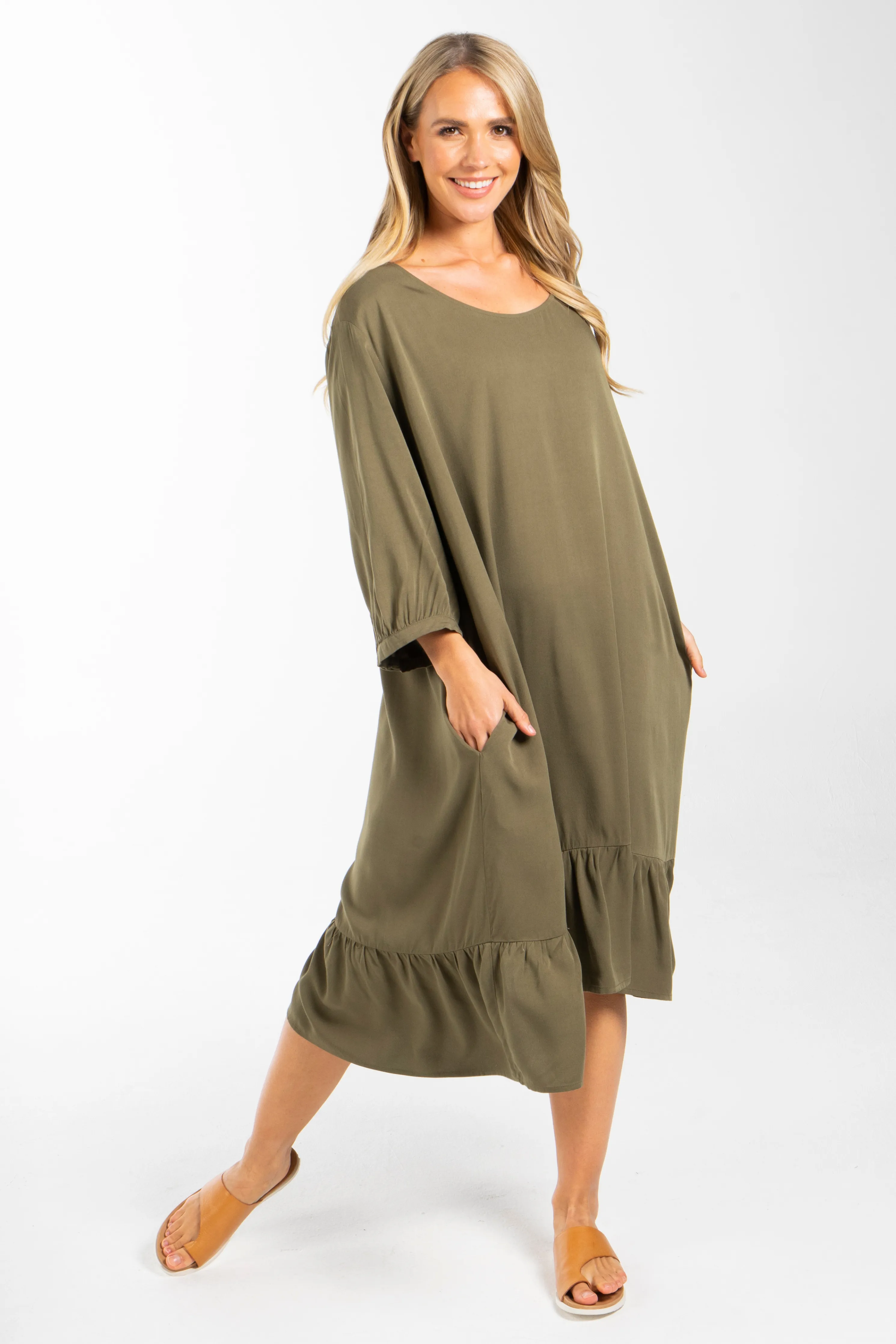 Long Sleeve Flare Dress | Khaki | FINAL SALE