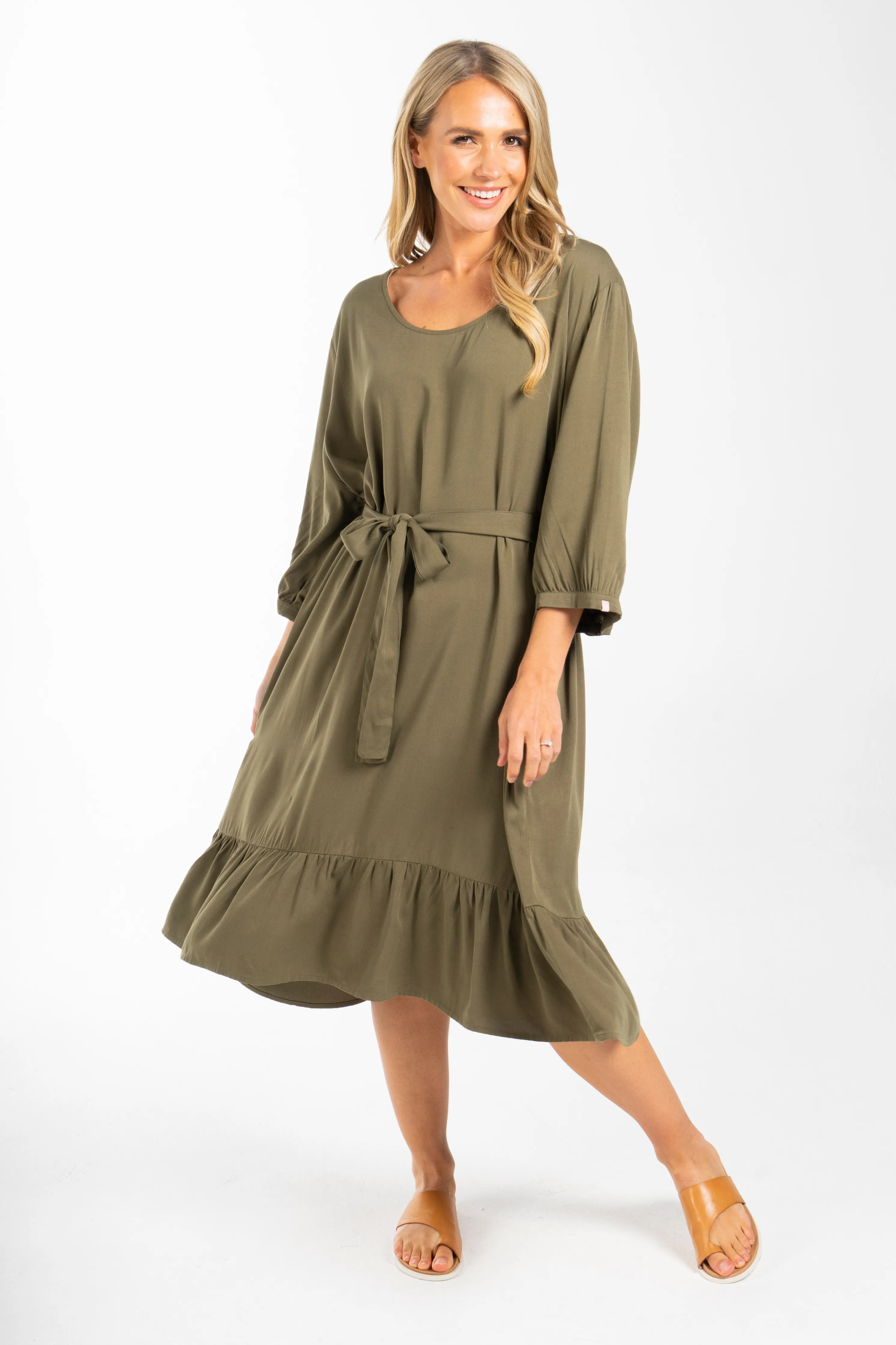 Long Sleeve Flare Dress | Khaki | FINAL SALE