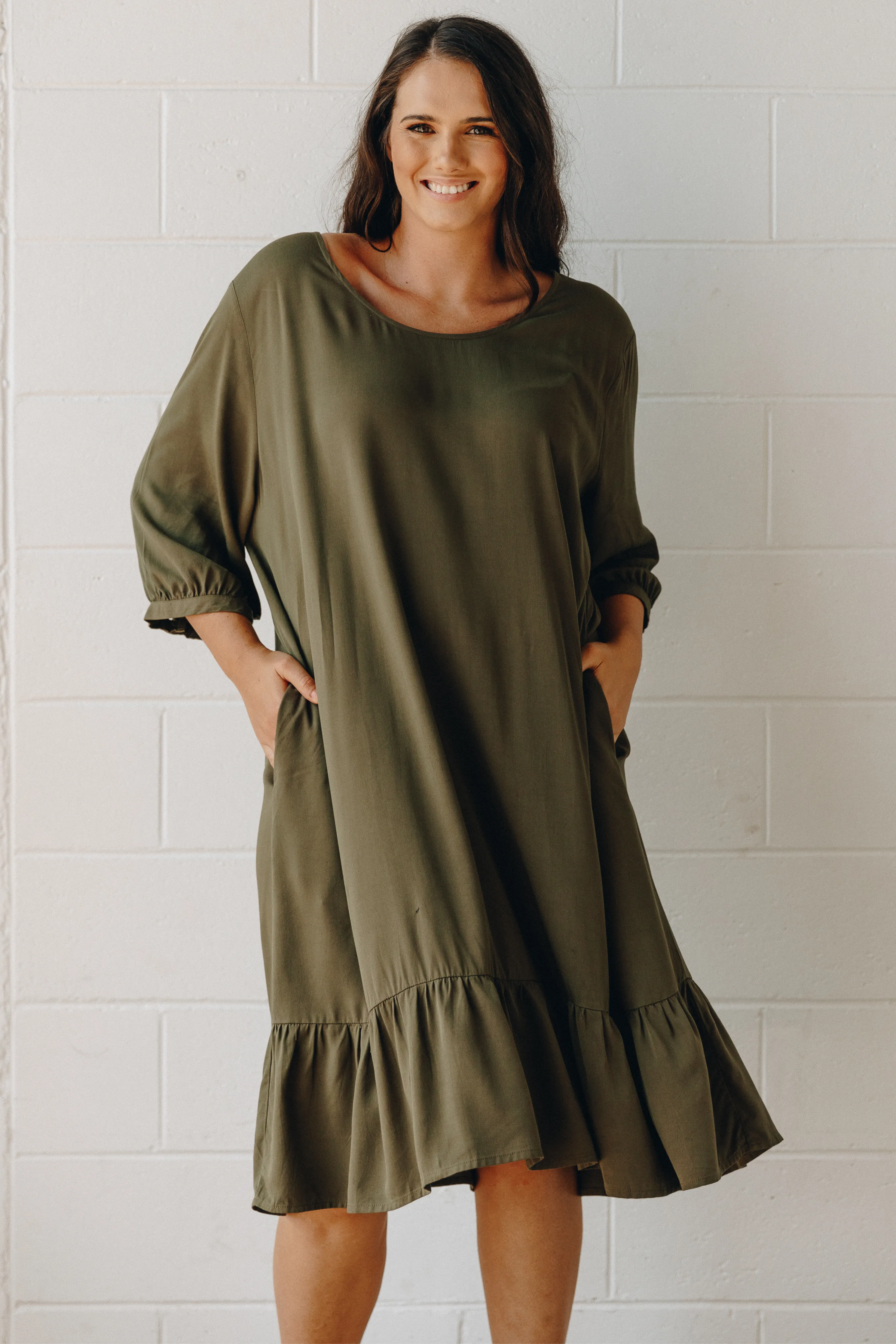 Long Sleeve Flare Dress | Khaki | FINAL SALE