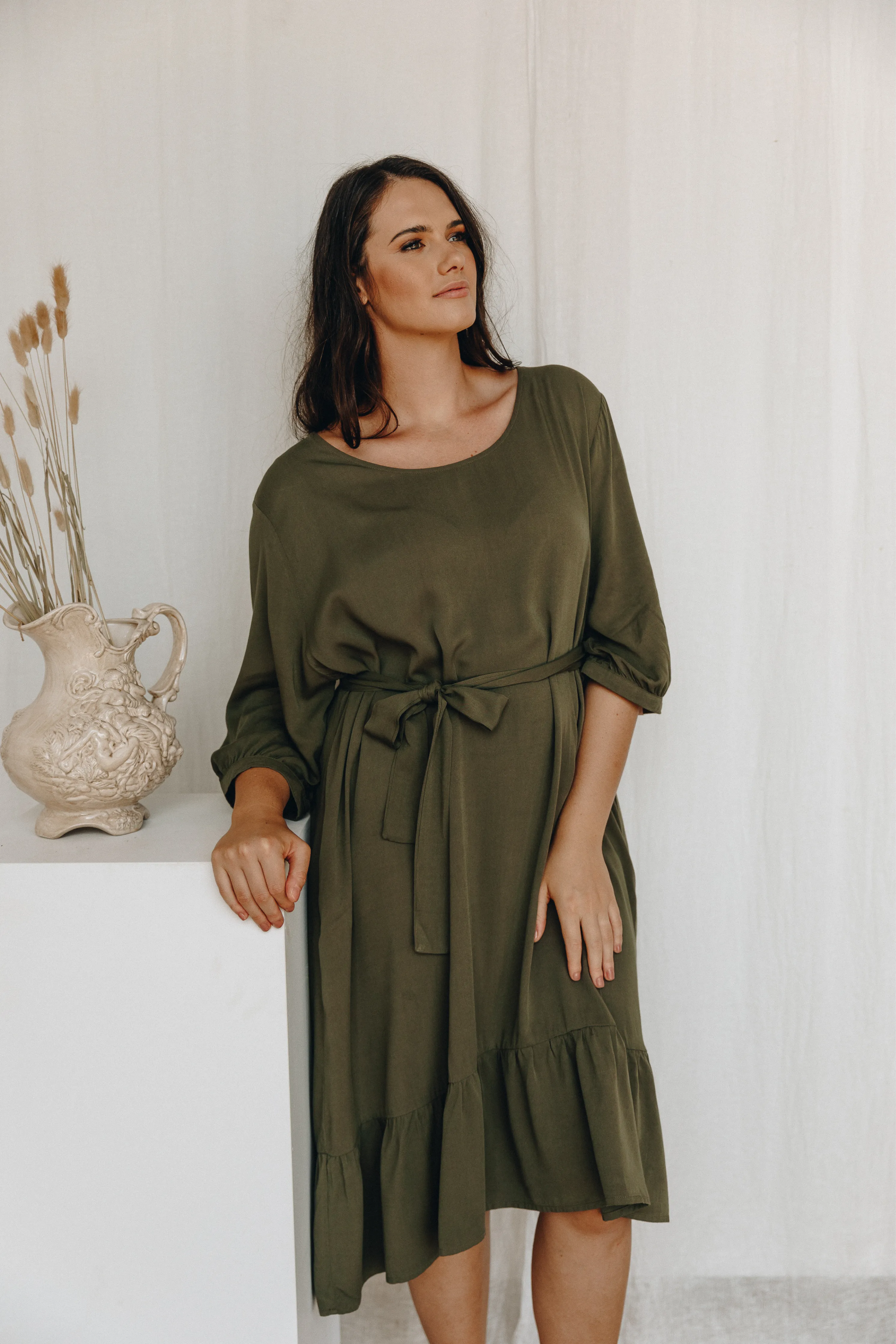Long Sleeve Flare Dress | Khaki | FINAL SALE