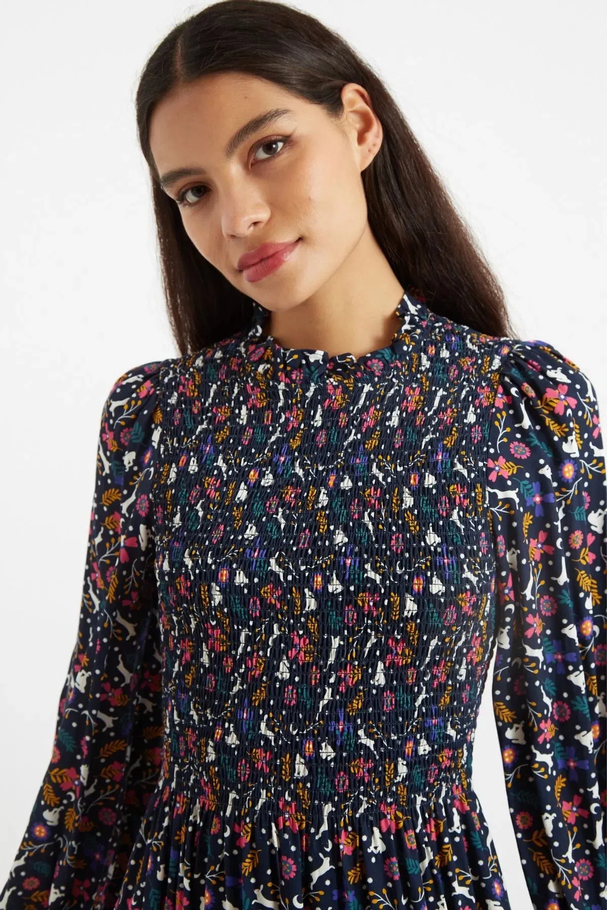 Louche Peppi White Rabbit Print Smocked Bodice Midi Dress