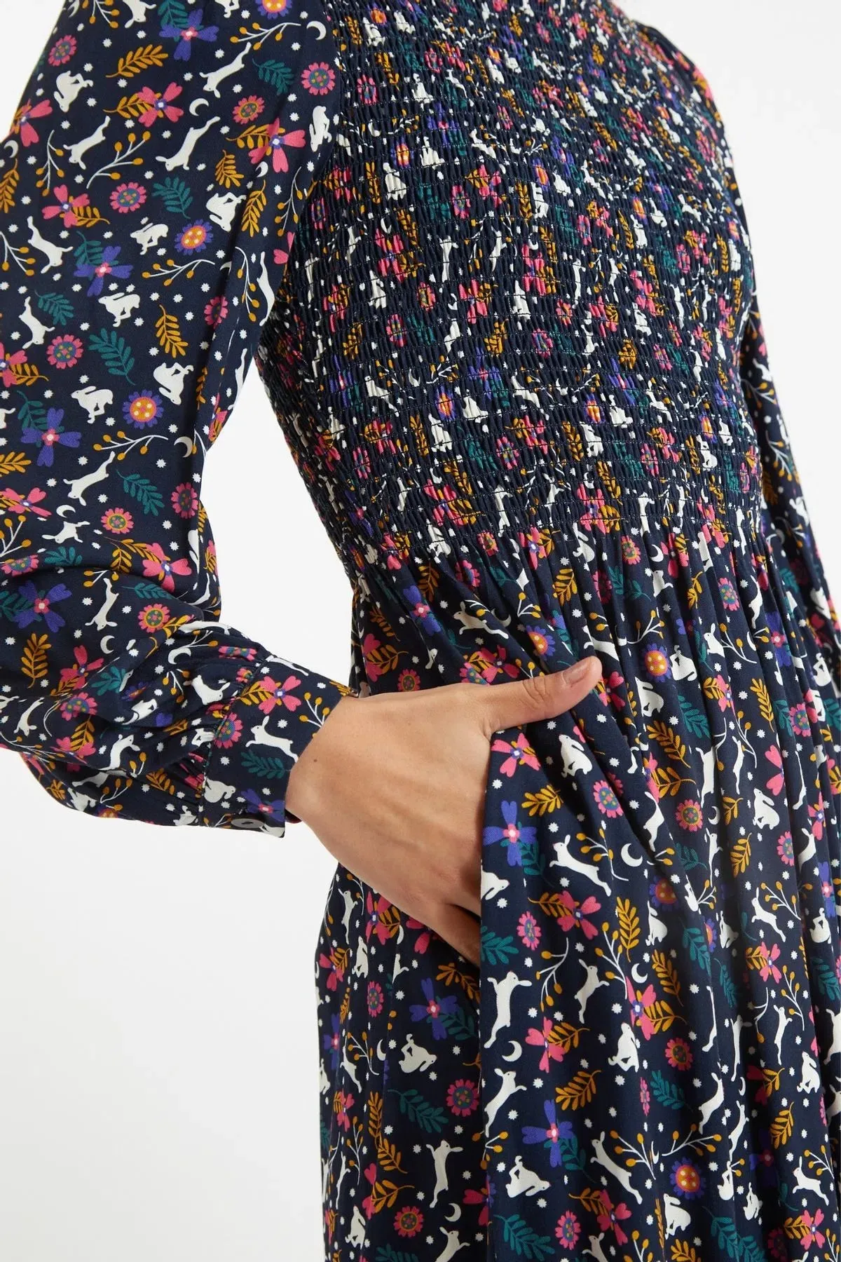 Louche Peppi White Rabbit Print Smocked Bodice Midi Dress