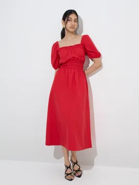 LOV Red Solid Linen-Blend A-Line Dress