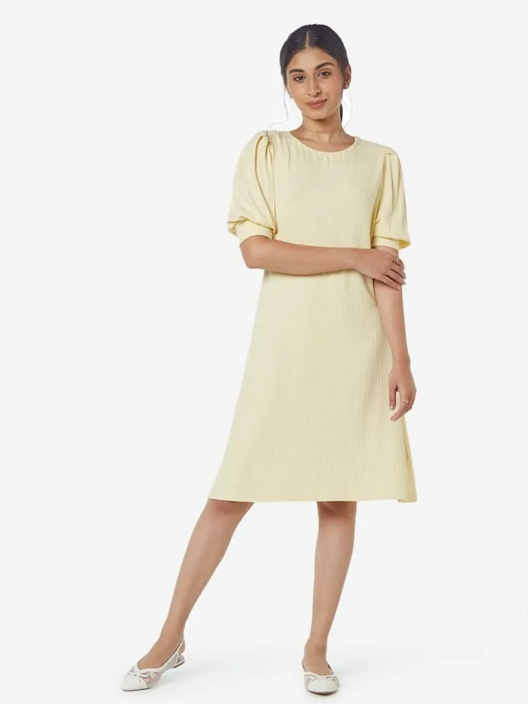 LOV Yellow Ribbed Puff-Sleeved Midi Dress