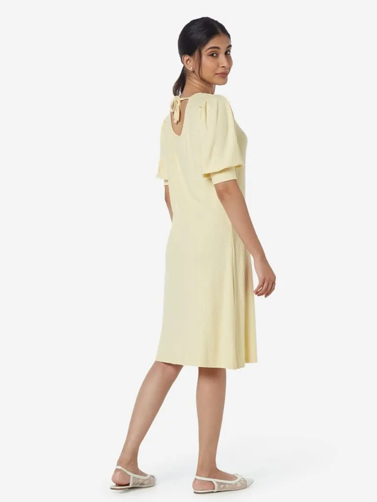 LOV Yellow Ribbed Puff-Sleeved Midi Dress