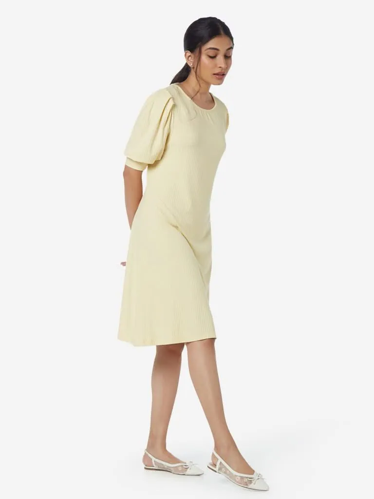 LOV Yellow Ribbed Puff-Sleeved Midi Dress