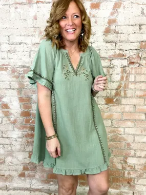 Mavis Dusty Mint Embroidered Dress - FINAL SALE
